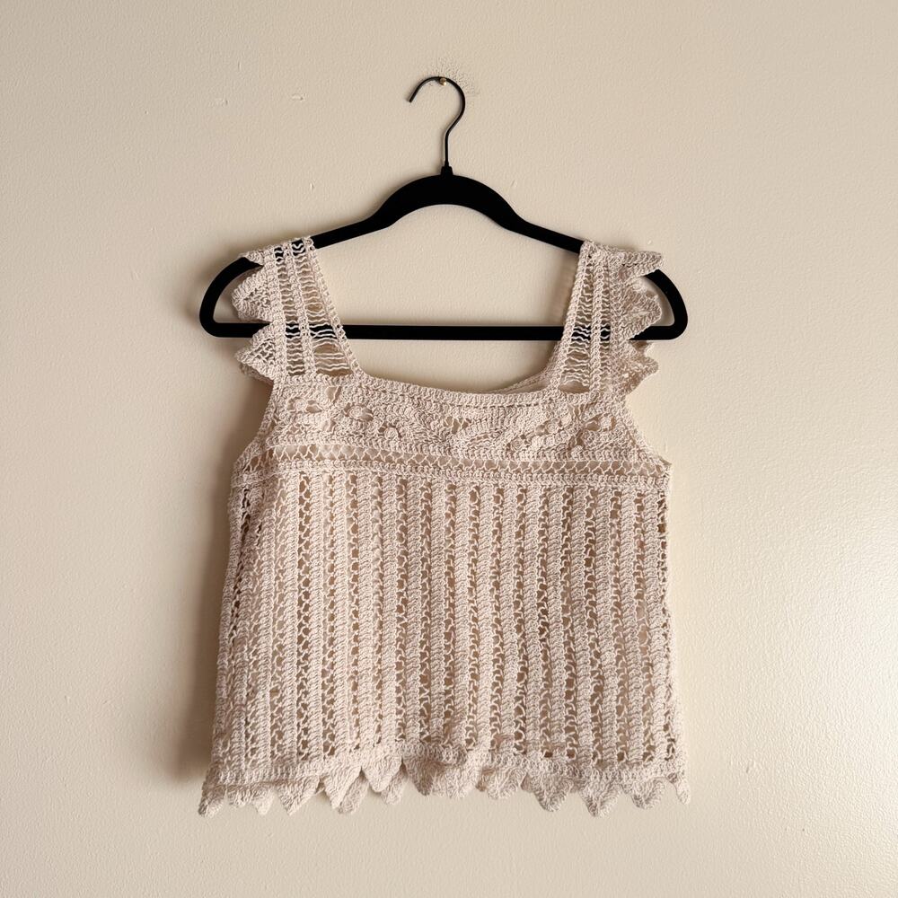 Design History Vintage Tan Crochet Cropped Lined Tank Top Small Boho Beachy